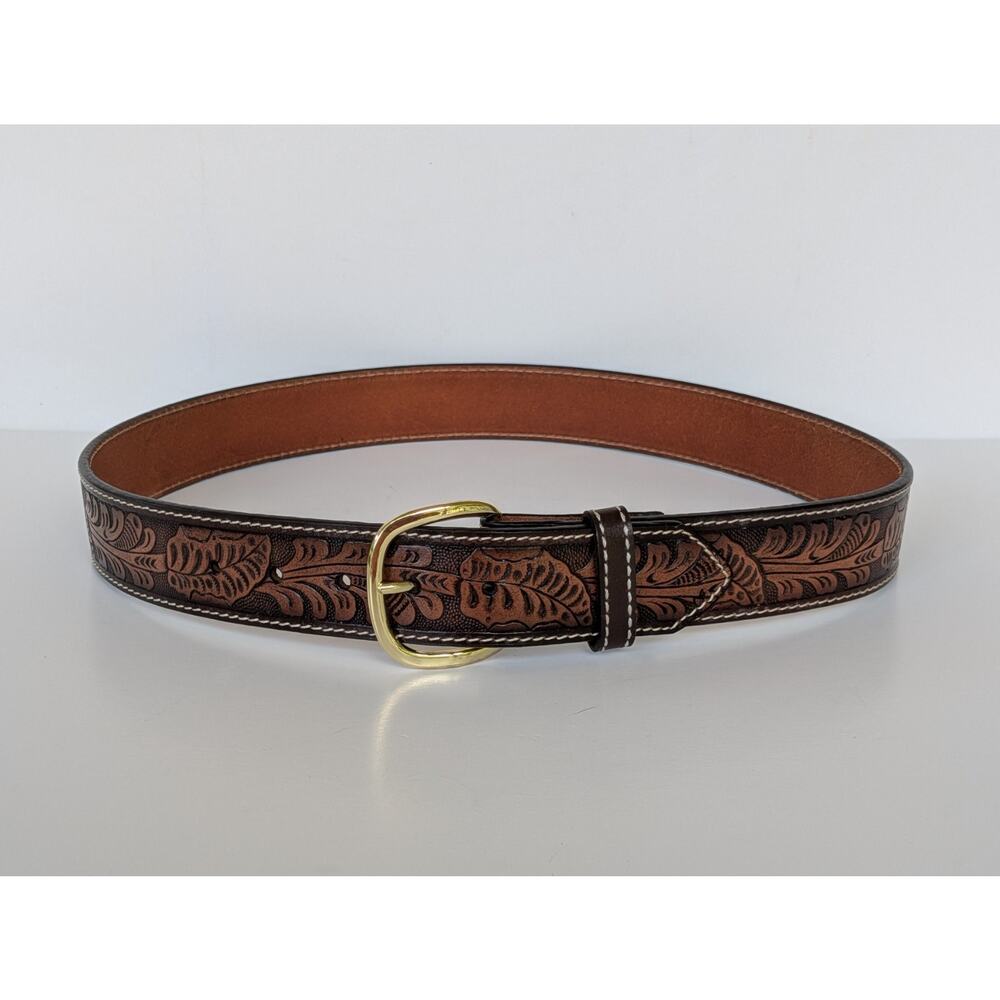 AQUARIUS Mens Western Style Brown Tooled Leather Gold Buckle Belt Size 36 or L